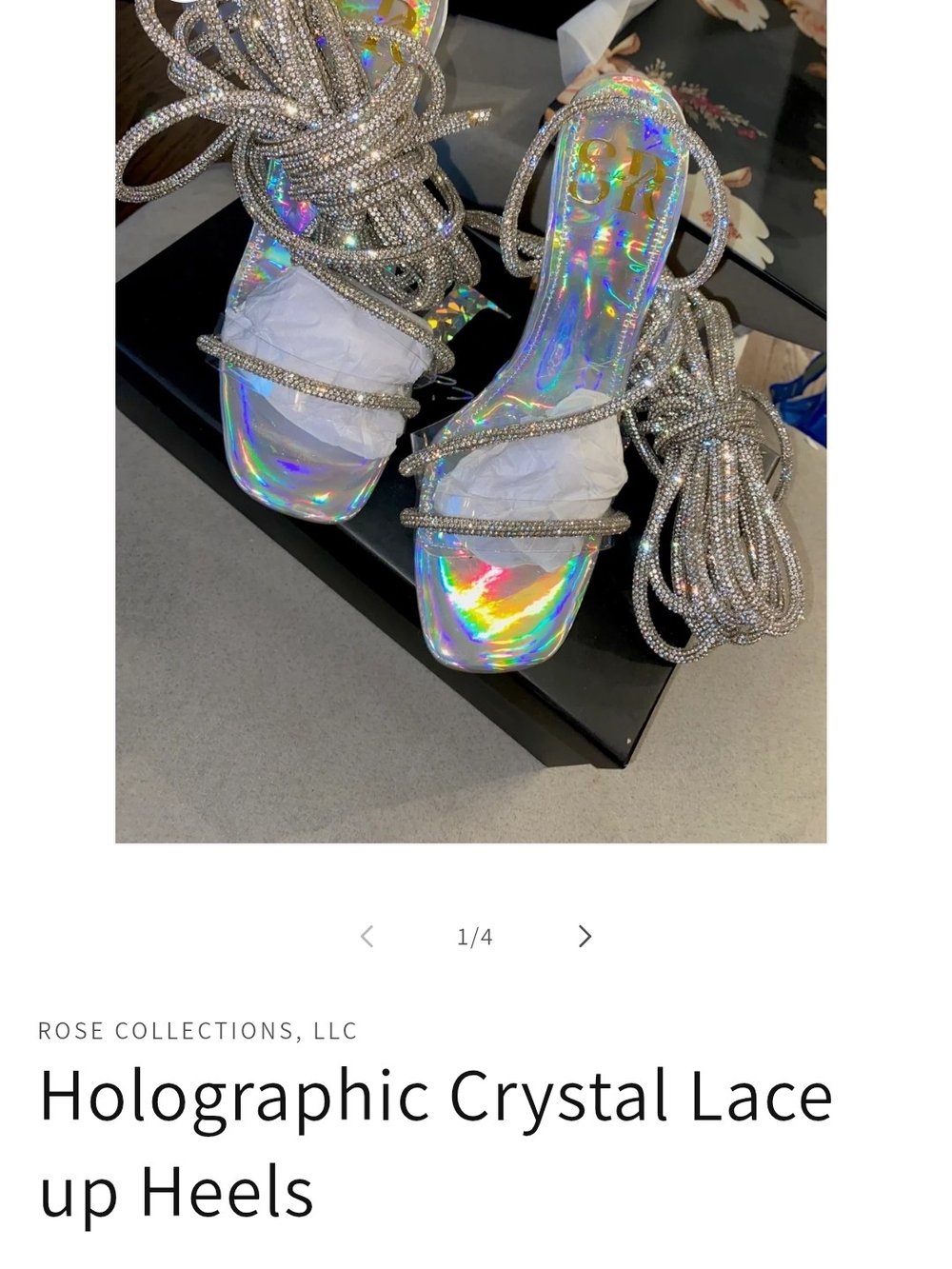 Iridescent Crystal Lace-Up Heels in Holographic Silver